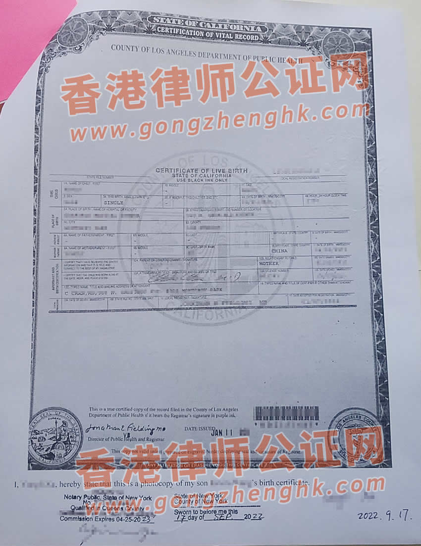 美國出生紙海牙認證樣本