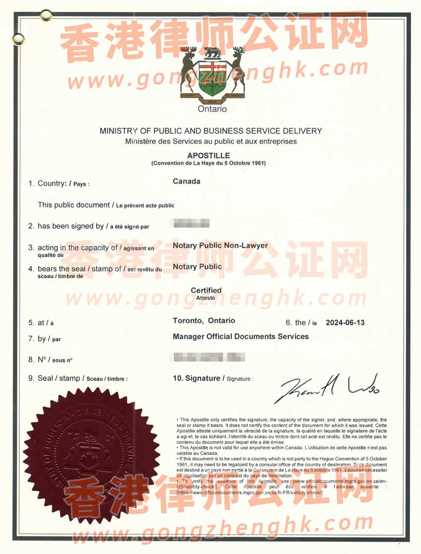 加拿大公民單身聲明海牙認證樣本用于在中國內(nèi)地結婚